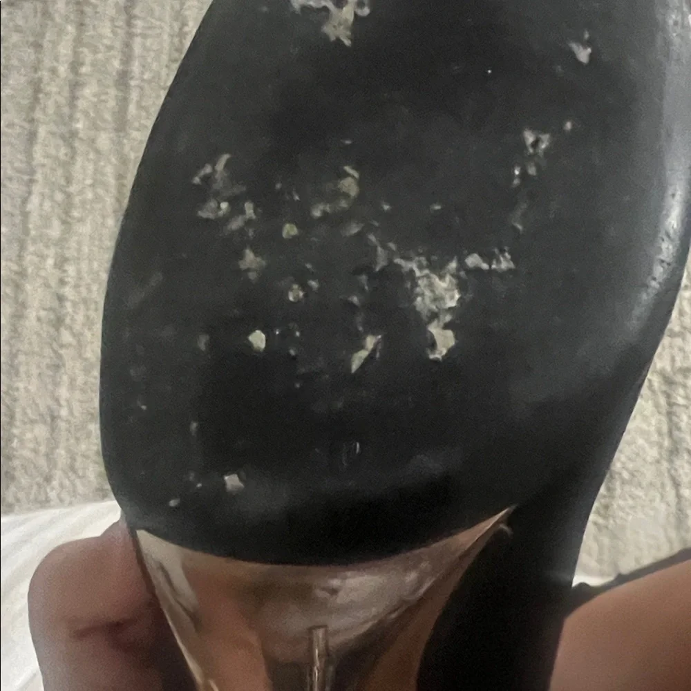 Chanel Black Satin & Patent Leather Heels w/ Sculptural Silver Heel size 40